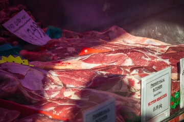 Raw meat displayed at butcher shop in Walthamstow, London