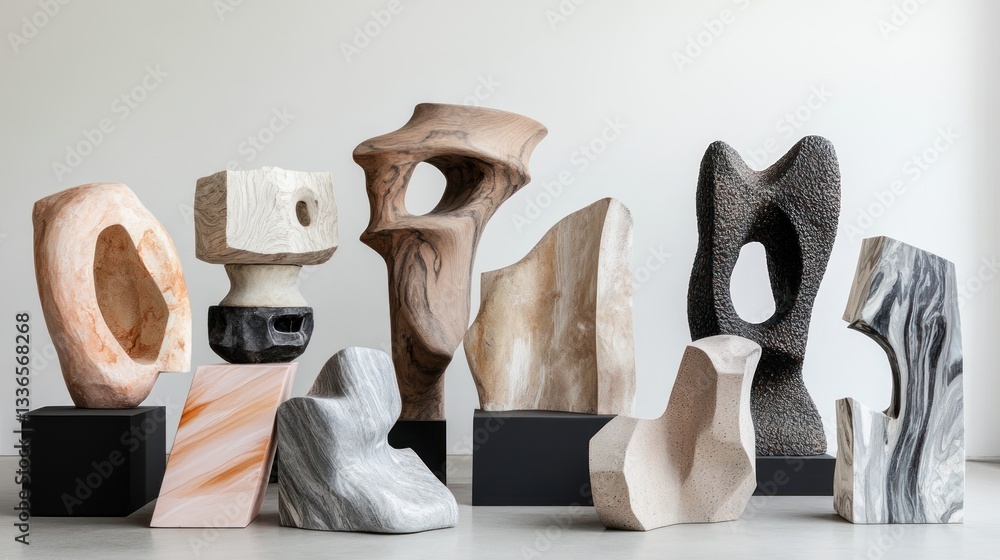 Poster Collection of abstract sculptures in various materials and shapes, displayed on simple bases against a minimalist backdrop.