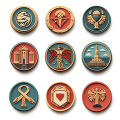 Set of Embossed Medallion Designs with Various Symbols and Graphics
