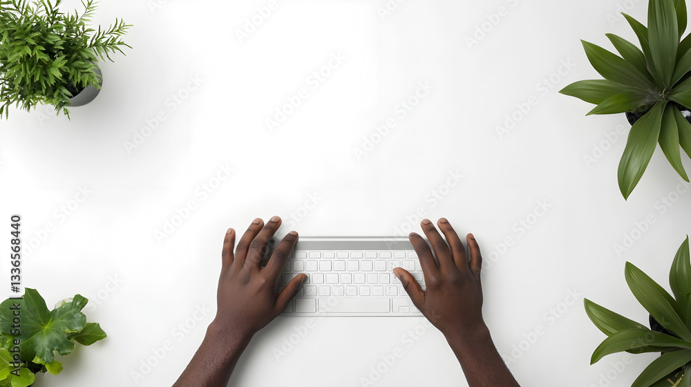 Aufkleber hands of a black person typing on a white keyboard on a minimalistic white desk with green plants, c