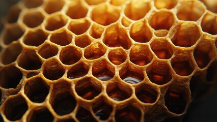 Close-Up of a Honeycomb Structure Filled with Golden Honey Under Natural Light