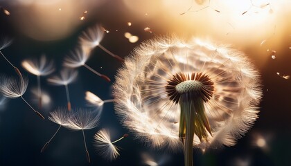 Macro photo of a dandelion puff dispersing its delicate seeds on a soft breeze, symbolizing freedom and new beginnings.

