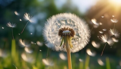 Macro photo of a dandelion puff dispersing its delicate seeds on a soft breeze, symbolizing freedom and new beginnings.

