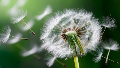 Macro photo of a dandelion puff dispersing its delicate seeds on a soft breeze, symbolizing freedom and new beginnings.

