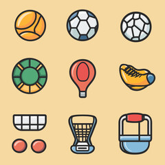 Sports Equipment Icons, Ball, Shoe, Net, Hot Air Balloon Illustration.