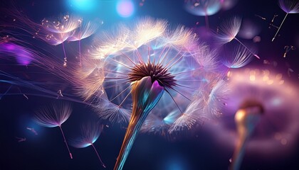 Macro photo of a dandelion puff dispersing its delicate seeds on a soft breeze, symbolizing freedom and new beginnings.

