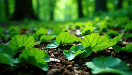 Green leaf fragments scattered on forest floor, foliage, forest