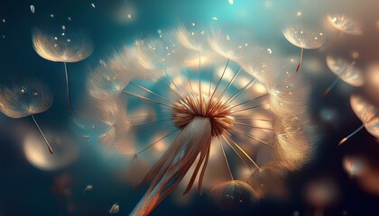 Macro photo of a dandelion puff dispersing its delicate seeds on a soft breeze, symbolizing freedom and new beginnings.


