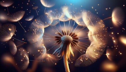 Macro photo of a dandelion puff dispersing its delicate seeds on a soft breeze, symbolizing freedom and new beginnings.

