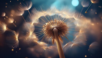 Macro photo of a dandelion puff dispersing its delicate seeds on a soft breeze, symbolizing freedom and new beginnings.

