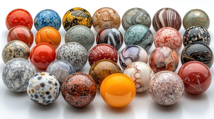 Collection of colorful polished stone spheres on white background.