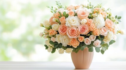 Obraz premium stunning bouquet of pastel-colored flowers arranged in a rustic ceramic vase, soft natural lighting, romantic floral