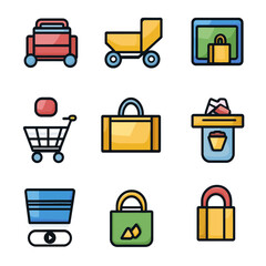 Set of Flat Icon Illustrations: Shopping, Travel, Business, And Technology