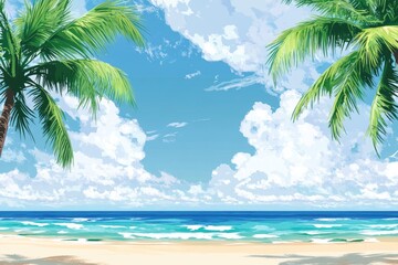 A beautiful sunny beach scene with palm trees and clouds