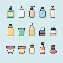 Collection of vector skincare products on light blue background.