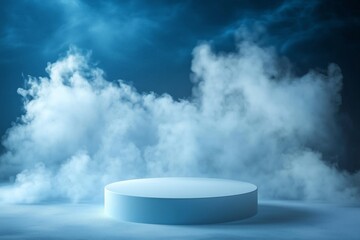 Blue background with a product podium surrounded by blue clouds. Smoke, fog, steam background. Vector illustration