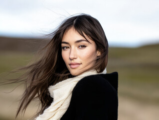 Fototapeta premium Woman with flowing hair poses outdoors in a scenic landscape during bright daylight