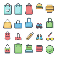 Colorful vector shopping bags, accessories, and smiley faces