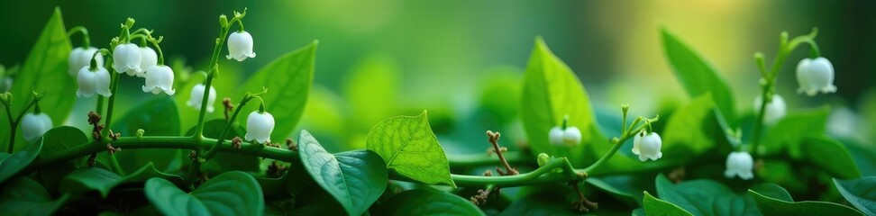 Obraz premium Lily of the valley stems entwined with ivy vines, entwined,, flower stems
