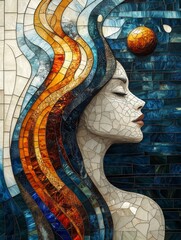 A mesmerizing digital artwork depicting a woman with flowing, colorful hair in a stained glass mosaic style, blending surreal and artistic elements.  
