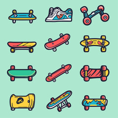 Colorful Skateboard Illustrations on Teal Background, Skateboarding, Sport