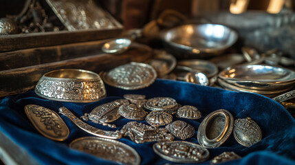 A close-up view of ancient gold and silver artifacts placed on a velvet cloth, with a blurred background of an archaeological excavation scene, highlighting a significant historical discovery.