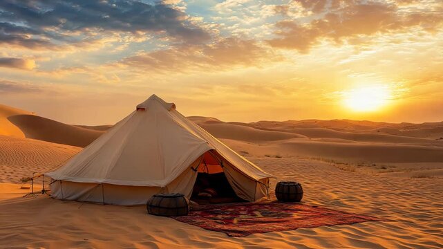 A luxurious tent set in the middle of rolling desert dunes, illuminated by the golden hues of a breathtaking sunset. A cozy rug and rustic barrels add a touch of comfort and nomadic charm