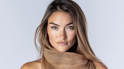 Model with natural makeup and scarf poses against a plain background in a studio setting