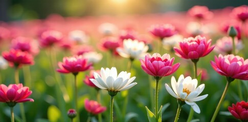 Obraz premium Pink and white ranunculus flowers create a colorful field, flower arrangement,