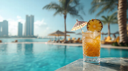 Refreshing tropical cocktail with pineapple garnish by luxurious poolside