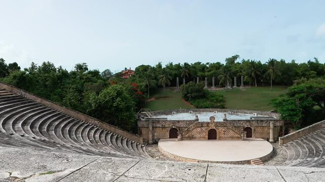 Panning shot of Altos de Chavon amphitheater, a tourist attraction, re-creation of a old Mediterranean style village in La Romana, Carribean travel,Dominican republic.