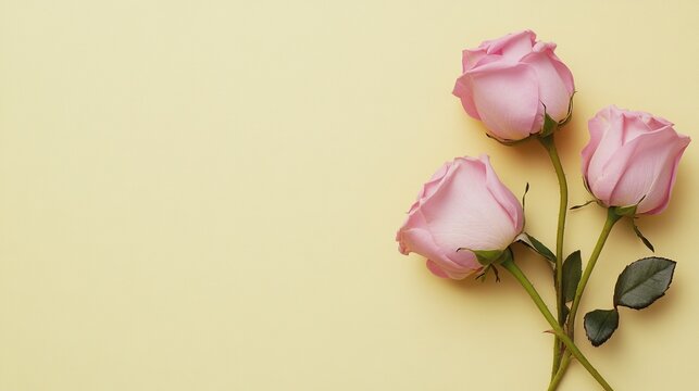 Three delicate pink roses presented on a soft pale - yellow background as a token of affection for someone you like and also perfect for Mother's Day gifting.
