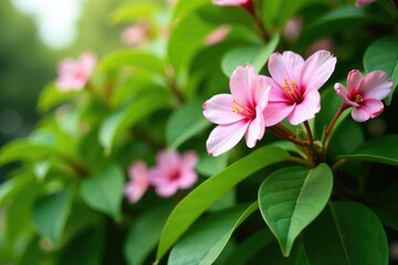 Obraz premium Pink blossoms swaying gently among large leaves, plants, blossom in a bush, leafy greens