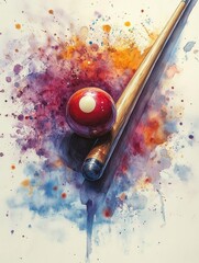 A vibrant watercolor-style digital painting featuring a billiards cue and two balls against a dynamic splash of colorful paint on a white background.  

