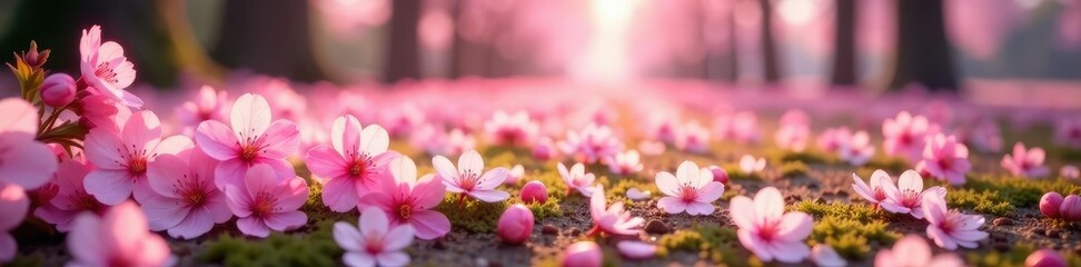 pink cherry blossoms scattered across the ground, flowers, flowers