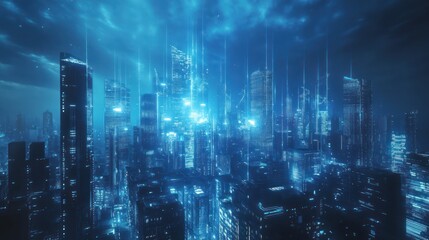 Fototapeta premium Futuristic city skyline at night with glowing energy fields. Possible use Stock photo for science fiction, technology, or urban design