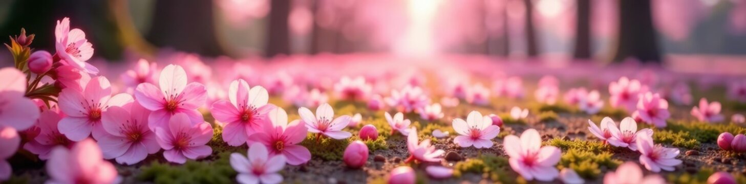 pink cherry blossoms scattered across the ground, flowers, flowers