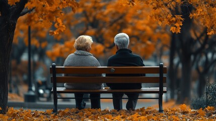 Autumnal Serenity: Elderly Couple Sharing a Peaceful Moment on a park Bench