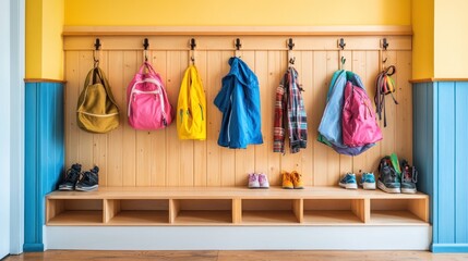 Colorful backpacks, jackets, and shoes hang on a wooden wall-mounted rack in a classroom or daycare.