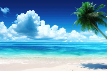 Fototapeta premium A beautiful beach scene with clear blue sky and palm tree