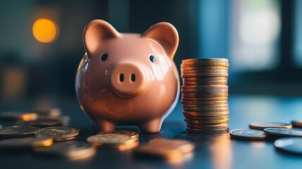 Piggy bank with dollar coins, symbolizing wealth management, cash savings, and financial responsibility, a great asset for banking promotions, storybook illustration