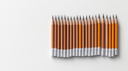 Line of sharpened orange pencils on white surface.