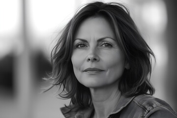 Obraz premium A black and white portrait of a middle aged woman with shoulder length brown hair