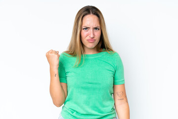 Fototapeta premium Young caucasian woman isolated on white background with unhappy expression