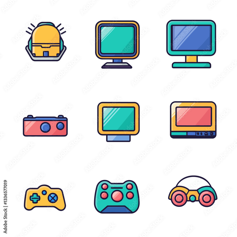 Poster vector icons: electronic devices, computer screens, game controllers and more
