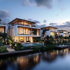 Obraz premium Modern luxury house with glass facades and waterfront location high resolution picture