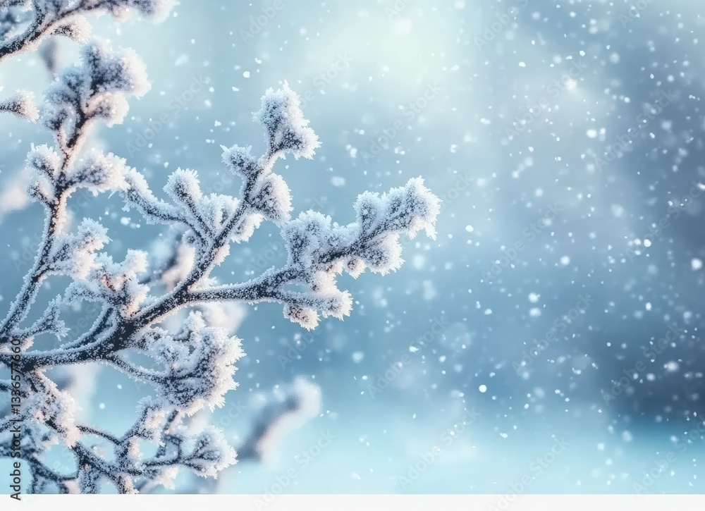 Poster snow falling on frozen branches creating winter wonderland