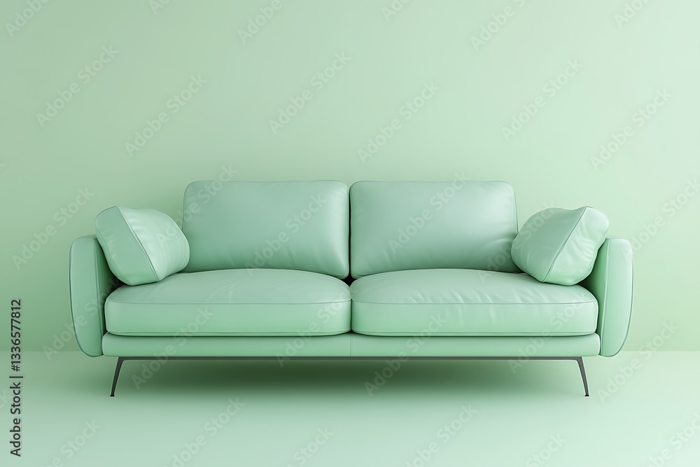 Poster a soft leather sofa placed against a pastel green background with plenty of space for adding text or