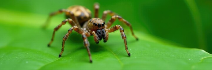 Spider's long jaws grasping onto a banana leaf, closeup, banana leaf, nature