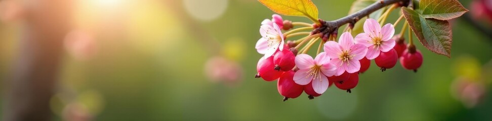 Obraz premium Spring bloom of red currant bush with delicate pink flowers, blossoming, tree